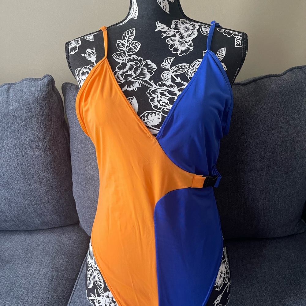 Orange and Blue One piece Swimsuit with buckle